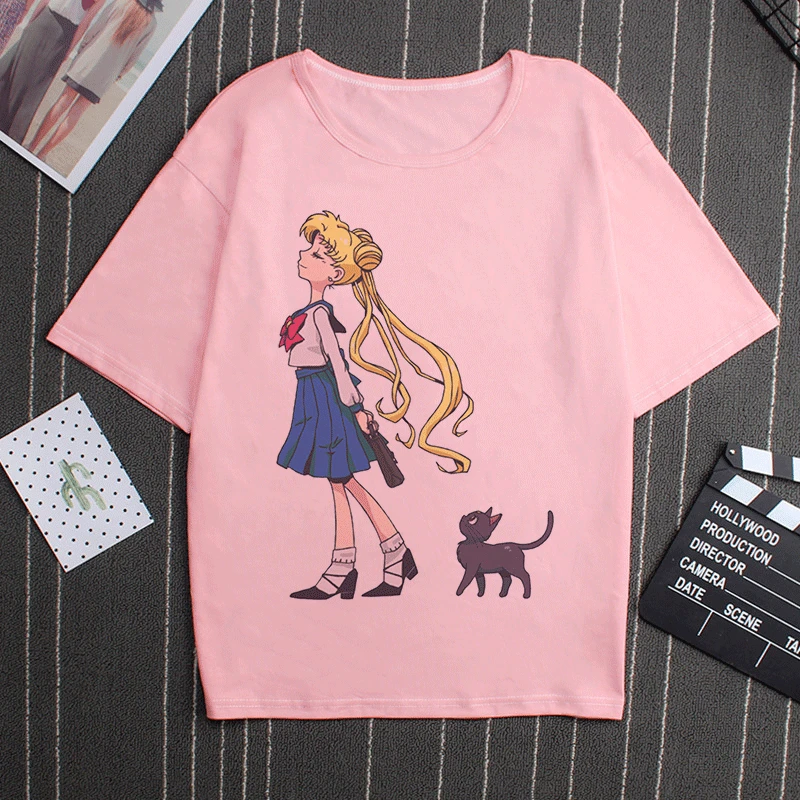 2861 Sailor Moon 90s Funny Pink T Shirt Harajuku Clothes Tshirt Aesthetic Cat Anime Vogue T-shirt Kawaii Graphic Tees Ullzang Women - Цвет: 2861