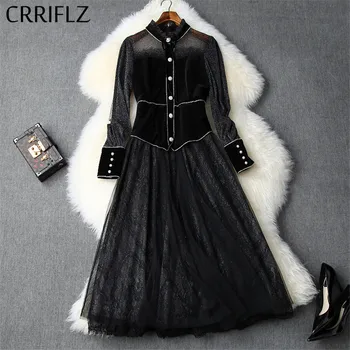 

Medium Length Mesh Women Dress New Beaded Velvet Winter Dress Bow A-line Women Lantern Sleeve Button Stand Collar Party Dress
