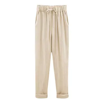 

2019 Pants Women Comfy Harem Pants Mid Waist Lace Bow Elastic Drawstring Color Loose Straight Long Trousers pantalones mujer*