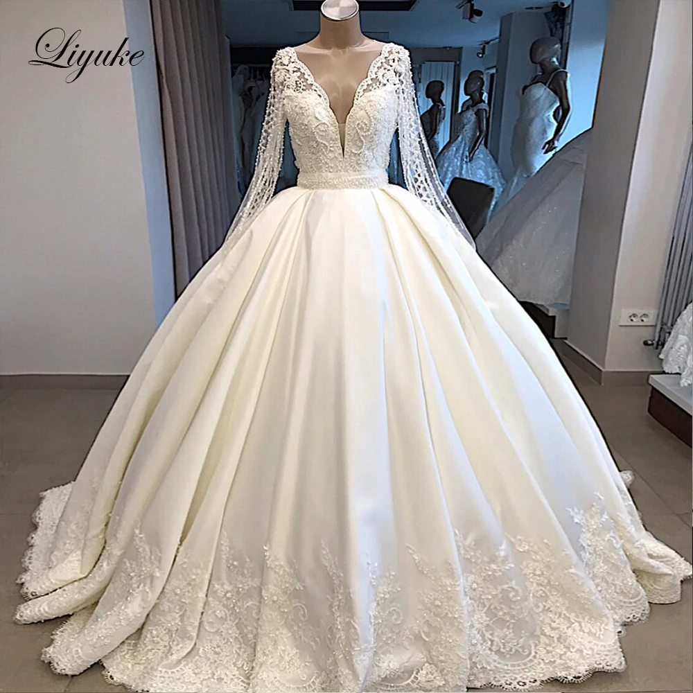 dresses for wedding Liyuke Real Photos A Line Wedding Dress Ivory Satin Skirt Full Sleeve  Bling Bling Plearls Bridal Dress black wedding dresses