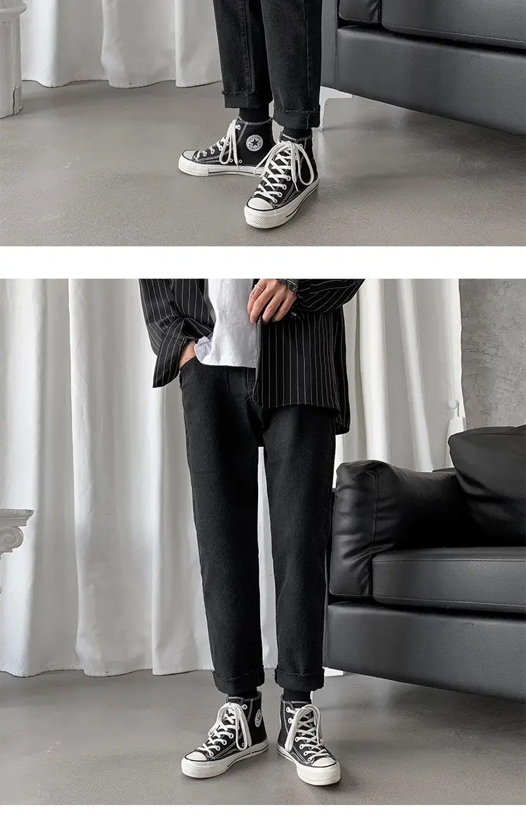 calças de brim masculinas comprimento do tornozelo sólido rasgado tamanho grande estilo coreano chique lazer simples moda vintage bf novos homens soltos