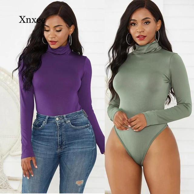 Sexy Turtleneck Bodysuit One Piece Bodycon Long Sleeve Slim Open