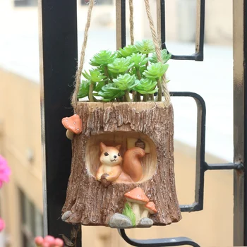 

Resin Succulent Forest Swing Curve Flower Pot Squirrel Knotted Rope Handmade Macrame Flower Pot Hanging Basket Courtyard Decor