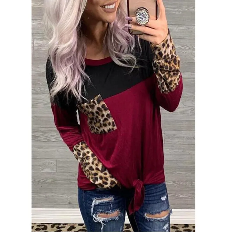 

2019 Autumn Pullover Long Sleeve Round Neck Pocket Leopard Print T Shirt