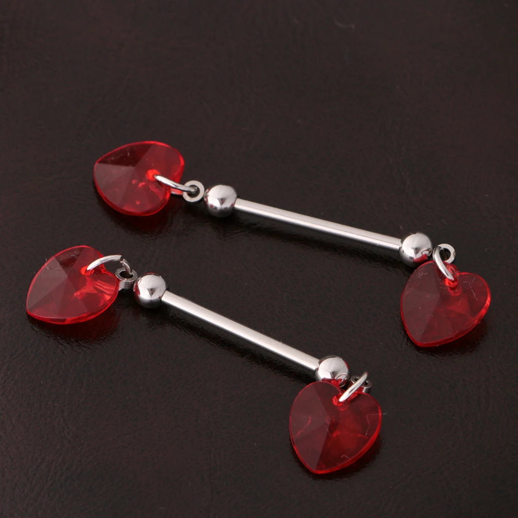 2Pcs Women Stainless Steel Red Heart Shield Nipple Bar Barbell Body Piercing