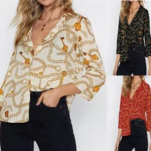 ^^Best Offers Large size casual women's blouse 2020 spring and summer Women's Blouse lock chain printing lapel seven-point sleeve Tops shirt ^^Best Offers Large size casual women's blouse 2020 spring and summer Women's Blouse lock chain printing lapel seven-point sleeve Tops shirt