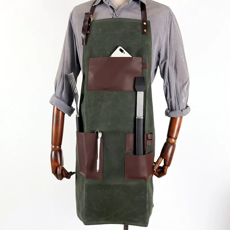 WEEYI Vintage Green Waxed Canvas Grill Aprons For Woman Men Unisex Aprons For Kitchen Cooking Baking BBQ Coffee Shop Work Apron