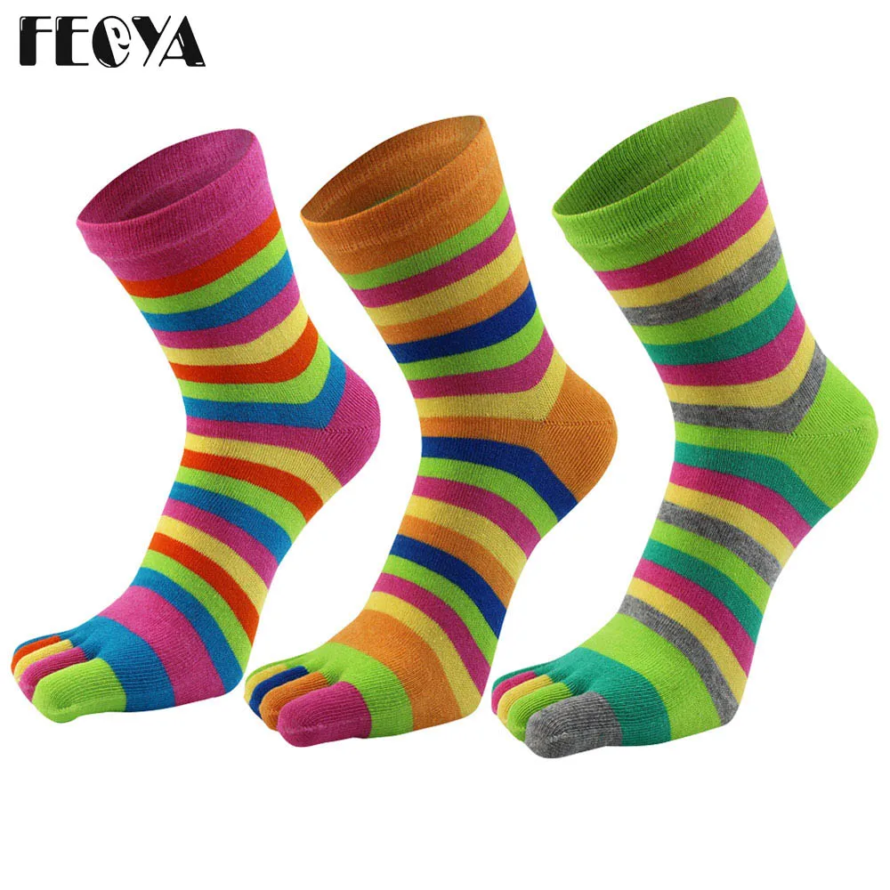3 пар/лот, осенне-зимние Хлопковые женские носки, модные носки с пятью пальцами, радужные полосатые Дышащие длинные носки