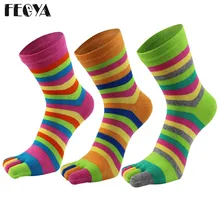 3 пар/лот, осенне-зимние Хлопковые женские носки, модные носки с пятью пальцами, радужные полосатые Дышащие длинные носки