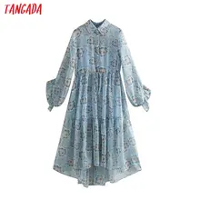 Tangada женское синее платье с цветочным принтом и рюшами, винтажное плиссированное платье с длинным рукавом, женские длинные платья в стиле бохо, vestidos 5Z65