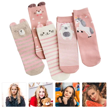 

5 Pairs Socks Cartoon Cotton Breathable Mid-calf Length Sock Winter Socks Thick Stockings for Girl