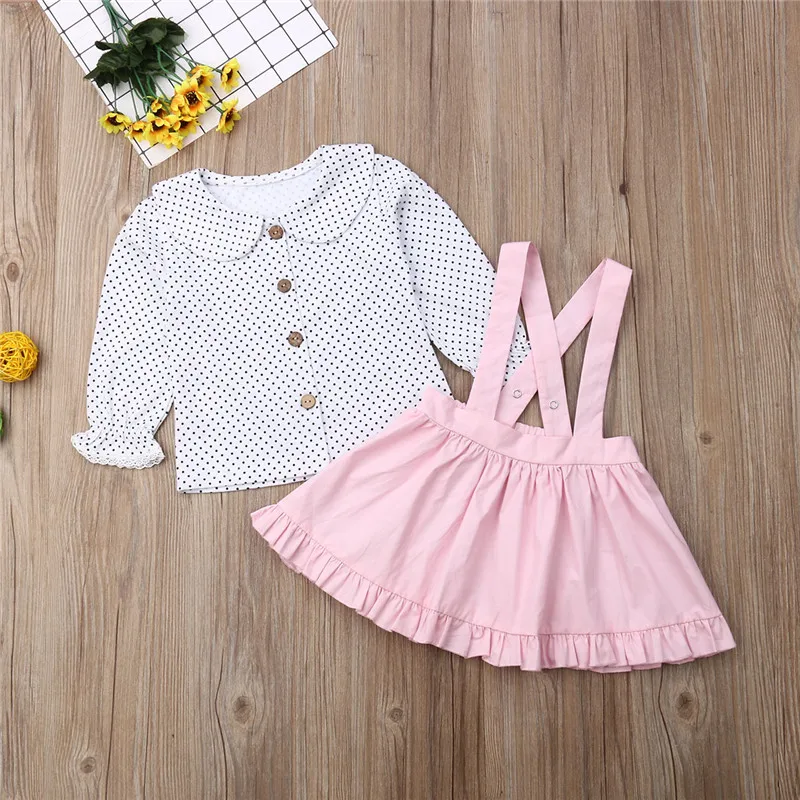 

Autumn Spring Kid Girl 2 piece set Clothes Set Xmas Christmas Toddler Kids Baby Girl Long Sleeve Polka Dots Top Strap Skirts Set