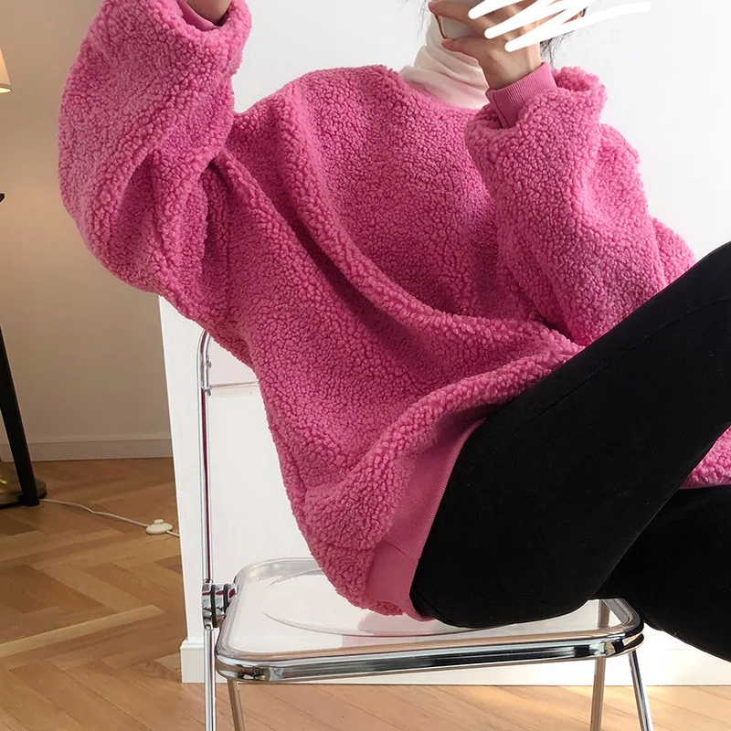 Зимняя Новинка Женская Повседневная Толстовка свободная овечья шерсть