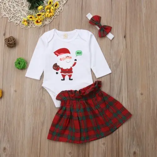

Newborn Kids Baby Girl Christmas Long Sleeve Bodysuit Romper +Plaid Skirt + Headband 3Pcs Outfits Set