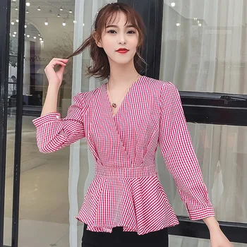 

Spring Autumn Women Blouse V-Neck Long Sleeve Work Shirts Women office Tops Plaid Blouse Rk