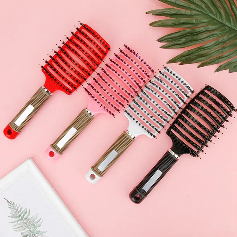 Salon Professional Bristle& Nylon Hairbrush Scalp Massage Comb Wet Hair Brush Curved Bristle Hair Clean Straight Comb