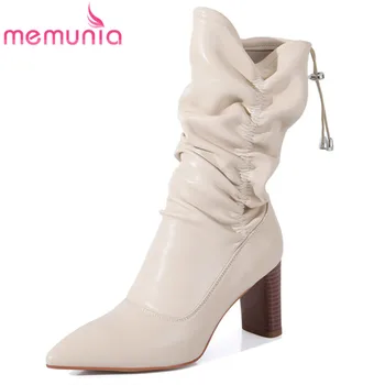 

MEMUNIA 2020 hot sale genuine leather stretch slim boots women high heel party wedding shoes pleated fashion woman ankle boots