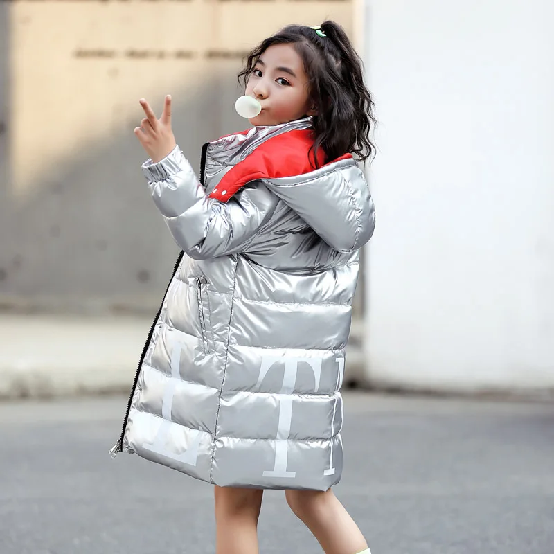 Модная Глянцевая пуховая куртка для девочек, водонепроницаемая детская зимняя куртка, зимние парки, Подростковая верхняя одежда для девочек 10, 12 лет - Цвет: Серебристый