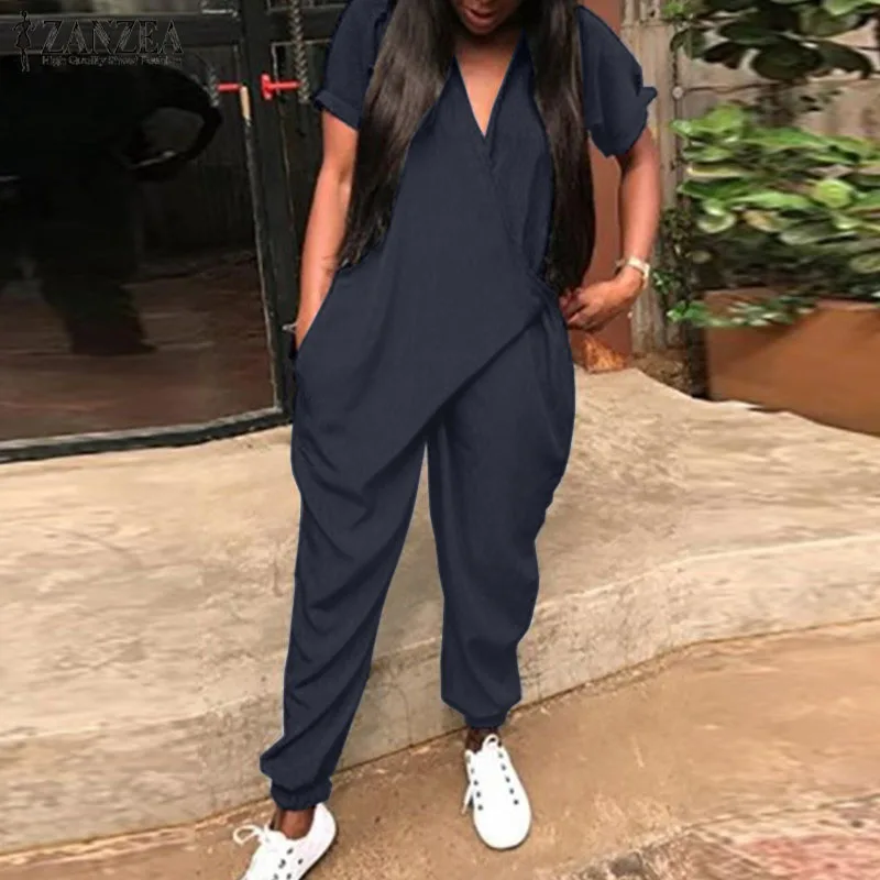 2020 ZANZEA Fashion Women Summer Rompers Solid Long Jumpsuits Casual Loose V Neck Short Sleeve Overalls Harem Pants Playsuits 2020 ZANZEA Fashion Women Summer Rompers Solid Long Jumpsuits Casual Loose V Neck Short Sleeve Overalls Harem Pants Playsuits