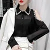 Women White Blouses Button 2020 summer Long Sleeve Shirt Female Sexy off-shoulder beaded Chiffon Women's Casual Clothing Autumn 1