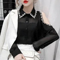 Women White Blouses Button 2020 summer Long Sleeve Shirt Female Sexy off-shoulder beaded Chiffon Women's Casual Clothing Autumn 1