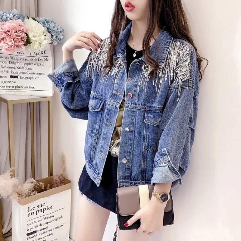 blue Корейские потертые женские джинсовые куртки с блестками и кисточками, модные однобортные куртки свободного кроя с длинным рукавом и карманами, женская верхняя одежда, пальто - Цвет: blue