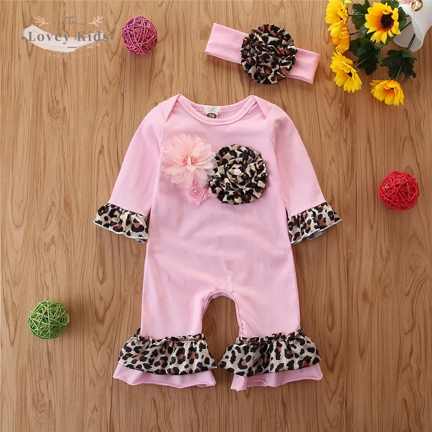 

2020 Autumn Toddler Baby Girl Rompers Cotton Long Sleeve Flares Jumpsuit Leopard Ruffle Stacked Floral with Headband 2PCS