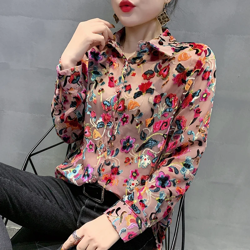 

European Fashion Women Mesh Blouses Long Sleeve Flocking Turn-down Collar Button Down Floral Shirts Ladies