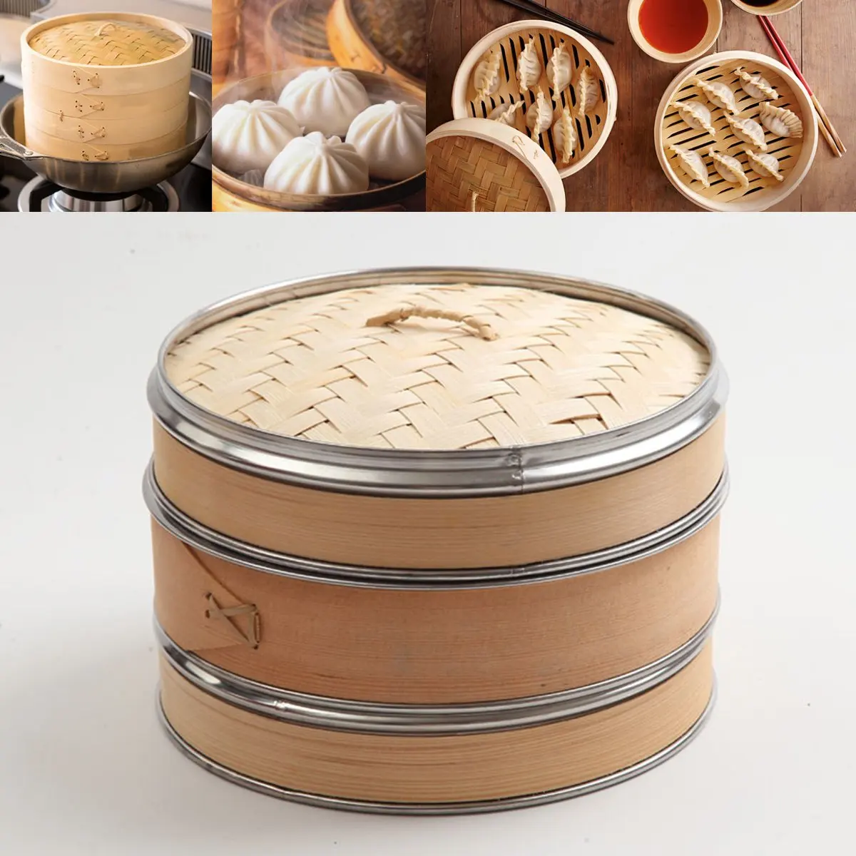 

25cm 2 Tier 1 Cover Natural Bamboo Steamer Fish Rice Vegetable Snack Basket Set Kitchen Cooking Tools Dumpling Steamer Steam Pot