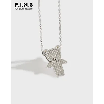 

F.I.N.S Korean S925 Sterling Silver Necklace Lattice Bear Cartoon Doll Necklace Pedants for Women Clavicle Chain Silver 925