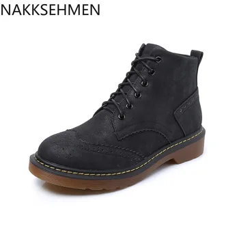 

2020 Autumn and Winter New England Motorcycle Boots Women's Lace-up Flat Boots Thick Bottom Student Large Size Women's Boots