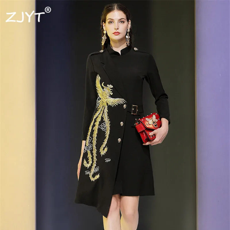 

High Quality Runway Dress 2020 Spring New Woman Clothes Fashion Long Sleeve Vintage Gold Embroidery Black Irregular Dress