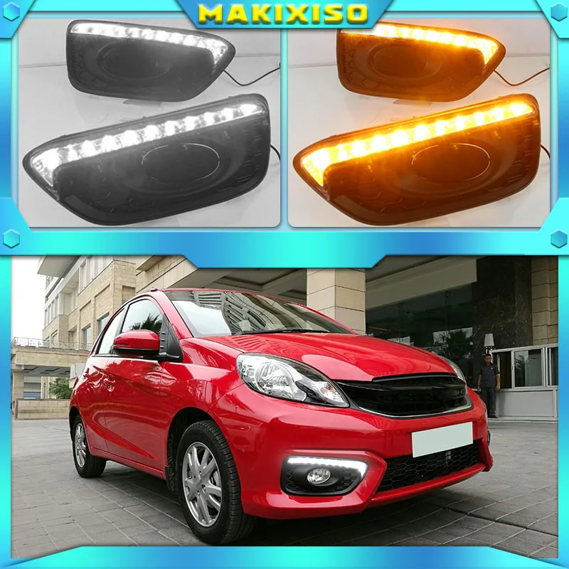 

1Pair DRL Car 12V LED Daytime Running Light Fog Lamp cover daylight For Honda Brio 2016 2017 ABS with Yellow turn signal