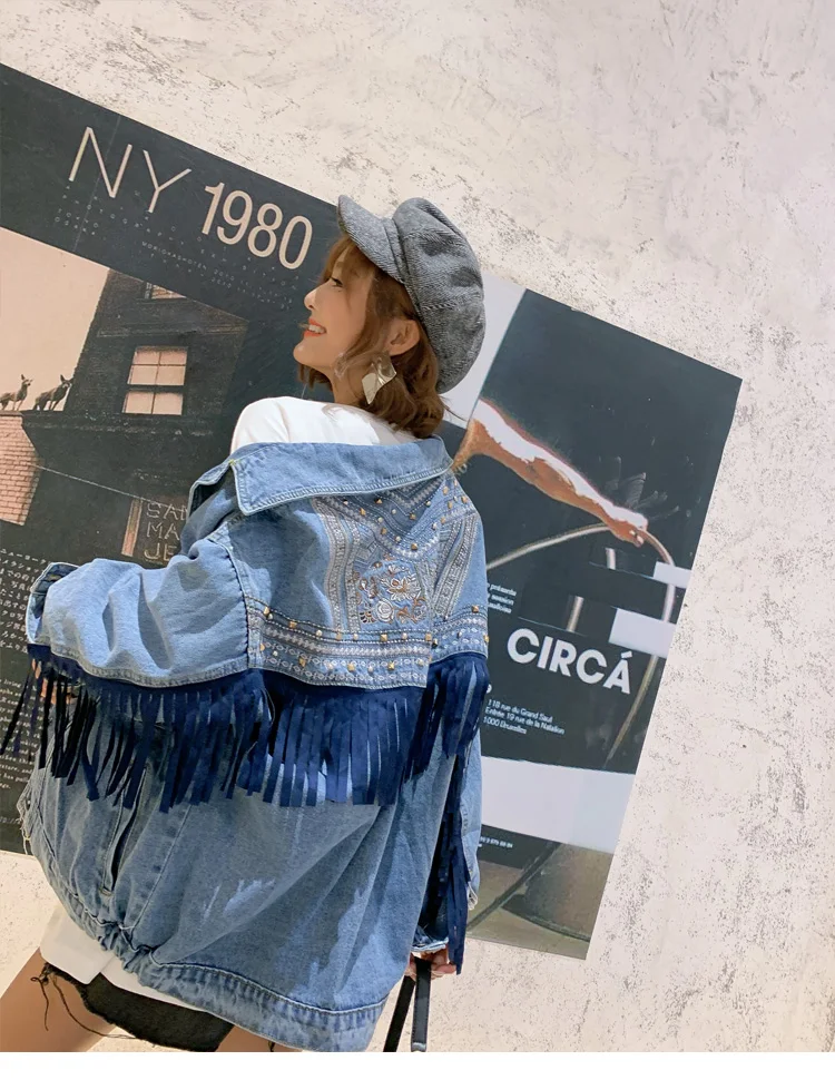 

BF Design Back Embroidery Denim Coat Women High Street Fringe Jeans Jacket Plus Size Loose Studded Fall Cardigan Winter Clothes
