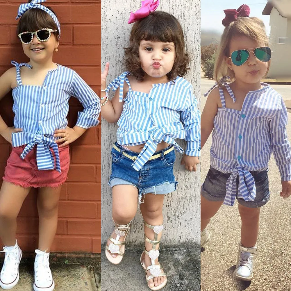 Новая мода для маленьких девочек, платье в полоску, с открытыми плечами блузки топ, футболка повязки блузка Повседневное для маленьких девочек блуза с завязкой наряды