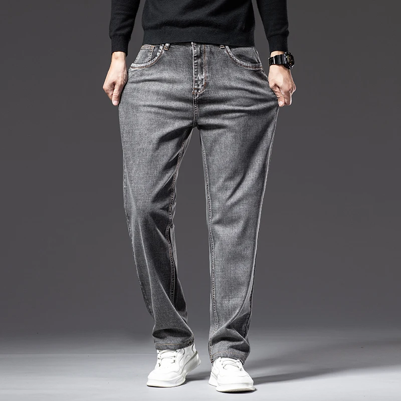 Denim Pants Denim Trousers 6 colors Autumn Men Gray Straight-leg Jeans Business Casual Cotton Stretch Denim Pants Male Brand Clothing Plus Size 40 42 44