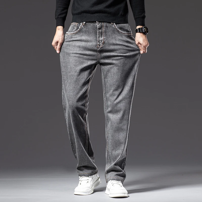 6 colors Autumn Men Gray Straight-leg Jeans Business Casual Cotton Stretch  Denim Pants Male Brand Clothing Plus Size 40 42 44