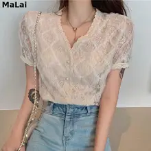 Aliexpress - Elegant Loose Vintage Apricot Shirts Chic Women Lace Mesh Blouse Plus Size V-Neck Women Tops and Blouses Single-Breasted Shirt