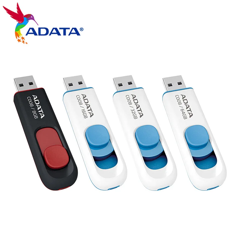 ADATA-memoria USB 2,0 Original para ordenador, Pendrive retráctil, C008, 64GB, 32GB, 16GB, 8GB