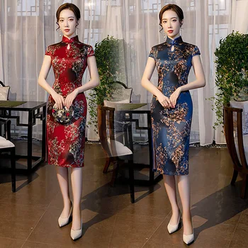 

Plus Size 4XL Oriental Design Print Women Short Cheongsam Elegant High Split Chinese Evening Dress Retro Stage Show Qipao