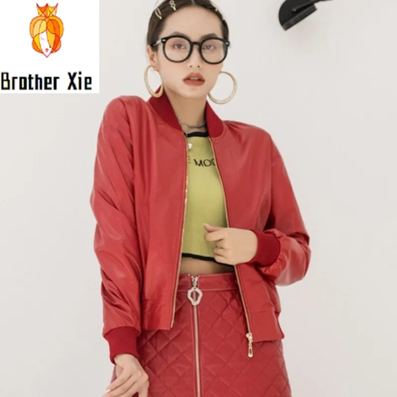 

Women Fashion Stand Collar Loose Fit Bomber Jacket Casual Tops High Quality Genuine Leather Jacket Female Short Sheespkin Coat