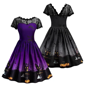 

Fast Sending Women's Short Sleeve Halloween Retro Lace Vintage Dress A Line Pumpkin Swing Dress Party Costume