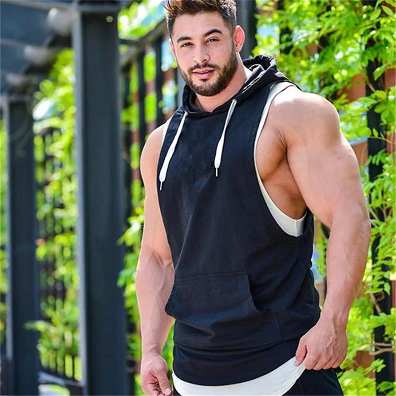 

Fashionable Men's Hooded Vest Jackets Summer Bodybuilding Gyms Lightweight Sleeveless Contrast Hoodie Tank Tops Male Clothing