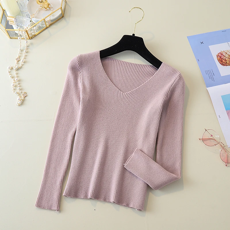 

Solid Thin Knitted Women Sweaters Pullovers V Neck Elegant Female Jumper Long Sleeve Casual Knitting Top