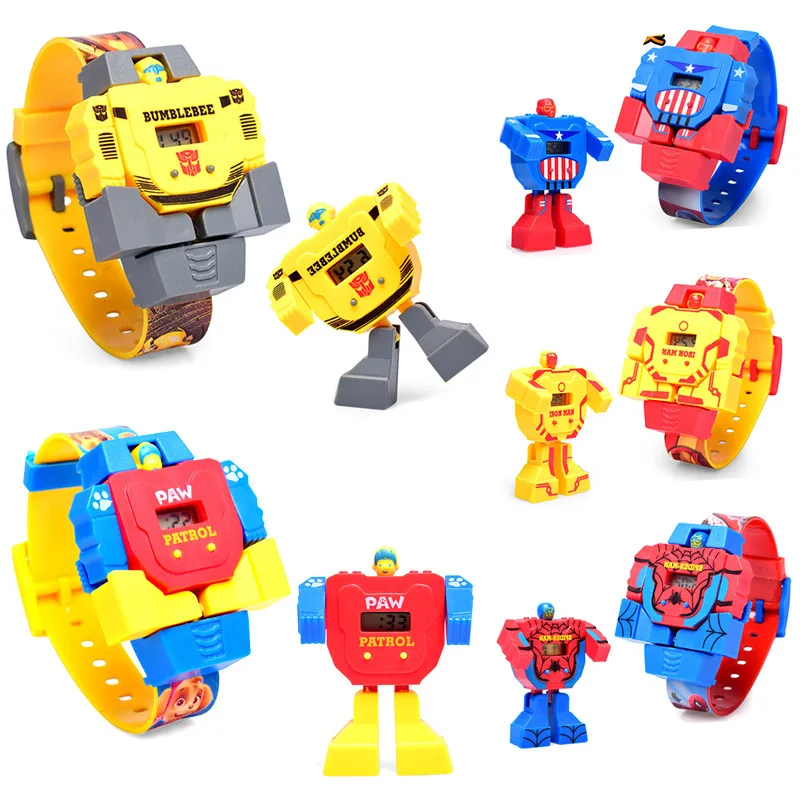 

Cartoon Robot Watch Toys Waterproof Deformation Anime Kids Transformation Juguetes Captain of America Spiderman Wristwatch