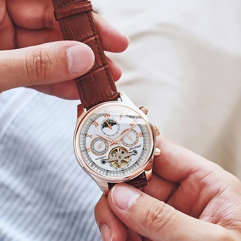 

Skeleton Tourbillon Mechanical Watch Men Automatic Brown Rose Gold Self Winding Male Band Steel Strap Wrist Watches Reloj Hombre