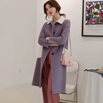 

Thick Double-Sided 100% Real Fox Fur Collar Pure Wool Coat 2020 Autumn Winter Elegant Lady Coat Slim Long Outerwear
