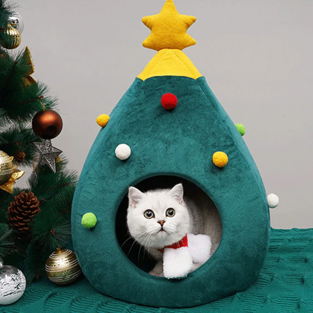 Hot sell Pet Cat Bed Indoor Kitten House Warm Half Closed Sleeping Bag Pet House Nest Cat Basket Portable Christmas Mats Winter