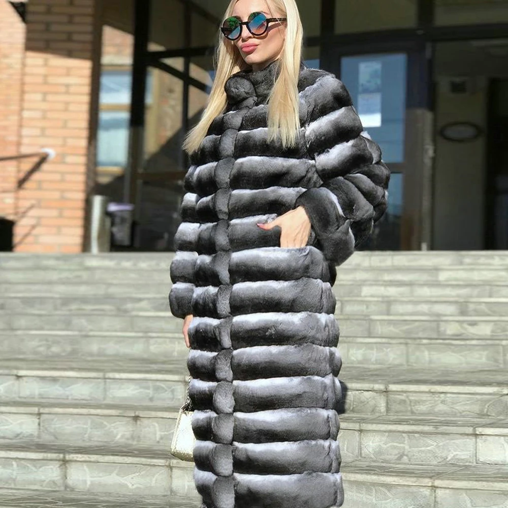 High Quality Women Natural Rex Rabbit Fur Coat Stand Collar Winter Fashion Full Pelt Genuine Rex Rabbit Fur Coats Female Outwear