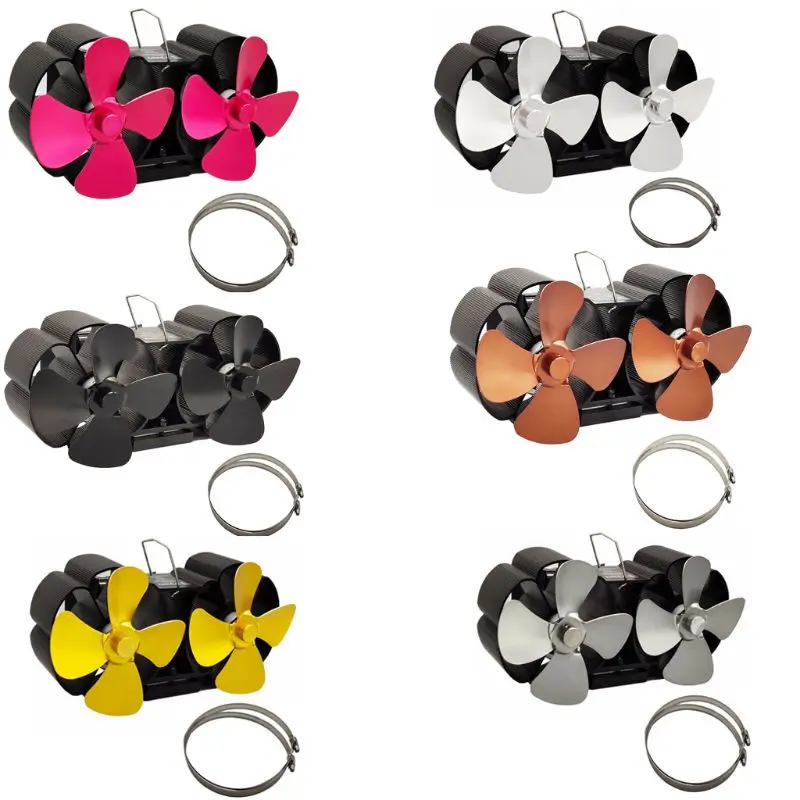 

2 Head 8 Blade Heat Powered Stove Fan Wall Mounted Efficient Heat for Large Room